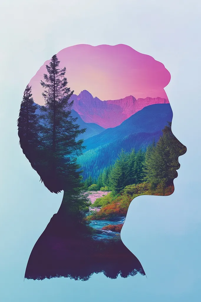 The image is a double exposure photograph.  A silhouette of a person's head and shoulders is overlaid with a vibrant landscape.  The landscape features a mountainous region, a river flowing through a lush forest of evergreen trees, and a sunset sky in shades of pink and purple.  The effect creates a visually striking and surreal image, blending the human form with nature.
