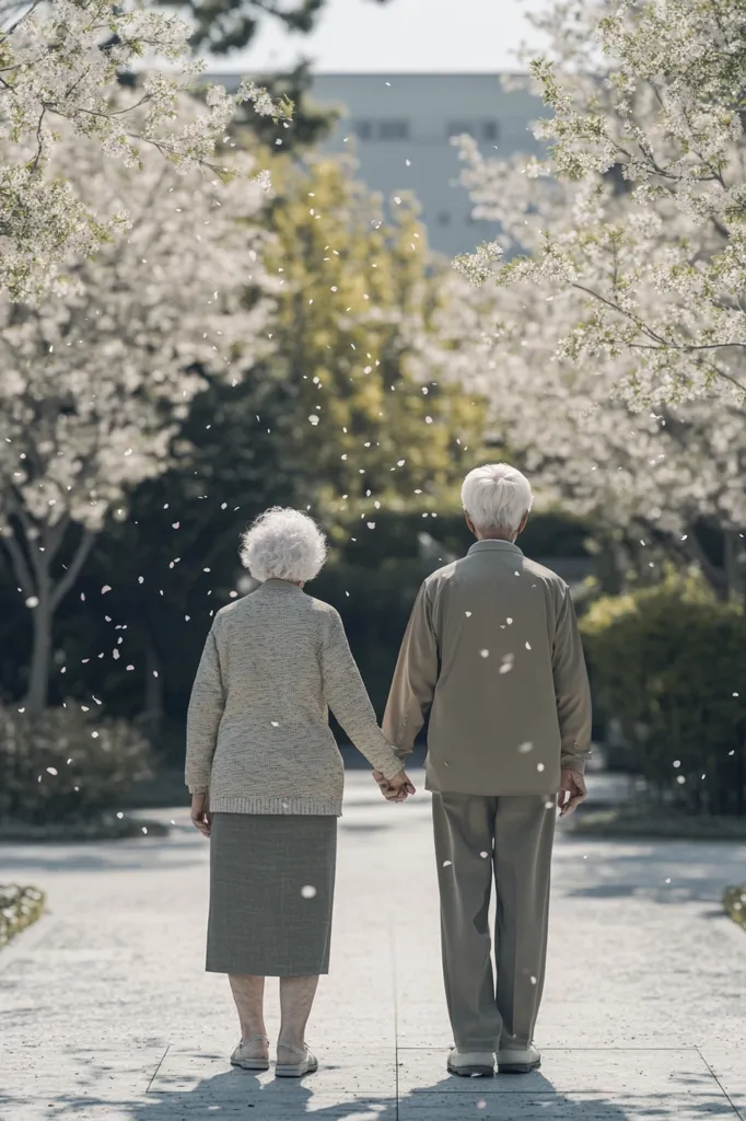 An elderly couple, hand-in-hand, strolls down a path lined with blossoming trees.  Falling petals create a gentle, romantic atmosphere.  They are dressed in muted, earth-toned clothing, their backs to the camera, suggesting a quiet intimacy and peaceful retirement. The scene is serene and evocative of a tranquil moment in their shared journey.