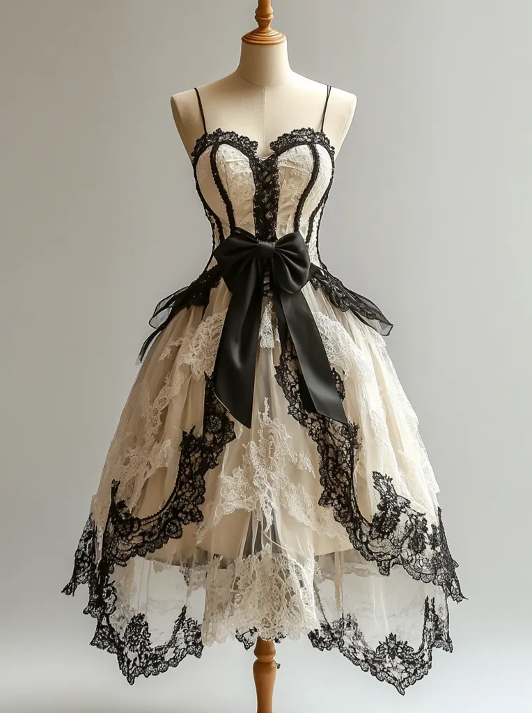 A beige and black lace dress is displayed on a mannequin. The dress features a sweetheart neckline, a fitted bodice, and a full, layered skirt.  A large black bow accentuates the waist.  The intricate lace detailing adds a romantic and gothic touch to the design. The dress has a high-low hemline, with the back being longer than the front.