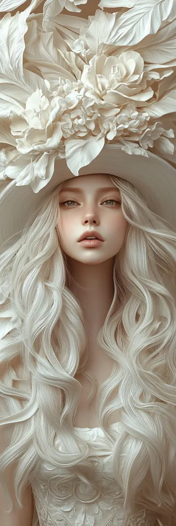 A portrait of a woman with long, flowing platinum blonde hair. She wears a large, wide-brimmed hat adorned with intricately sculpted white flowers and leaves, matching her elegant, lace-detailed white dress.  Her porcelain skin and delicate features create a serene and ethereal aesthetic. The overall image is soft, romantic, and visually striking, evoking a sense of fairytale beauty.