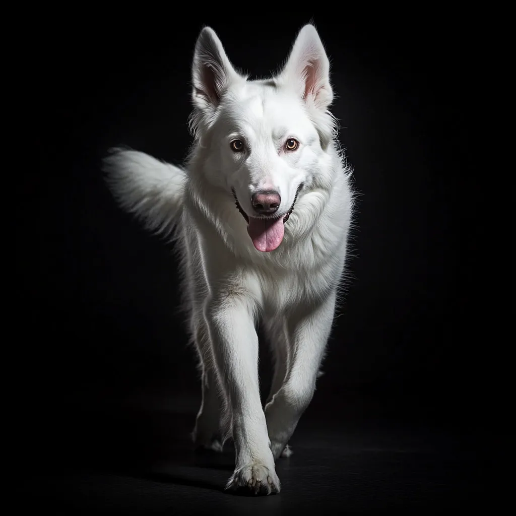 A stunning white Swiss Shepherd dog is captured in a dramatic studio shot against a pure black background.  The dog is walking towards the camera, its fluffy white coat contrasting sharply with the dark backdrop. Its expressive eyes and slightly open mouth reveal a friendly and playful demeanor.  The image highlights the dog's elegant gait and beautiful features.