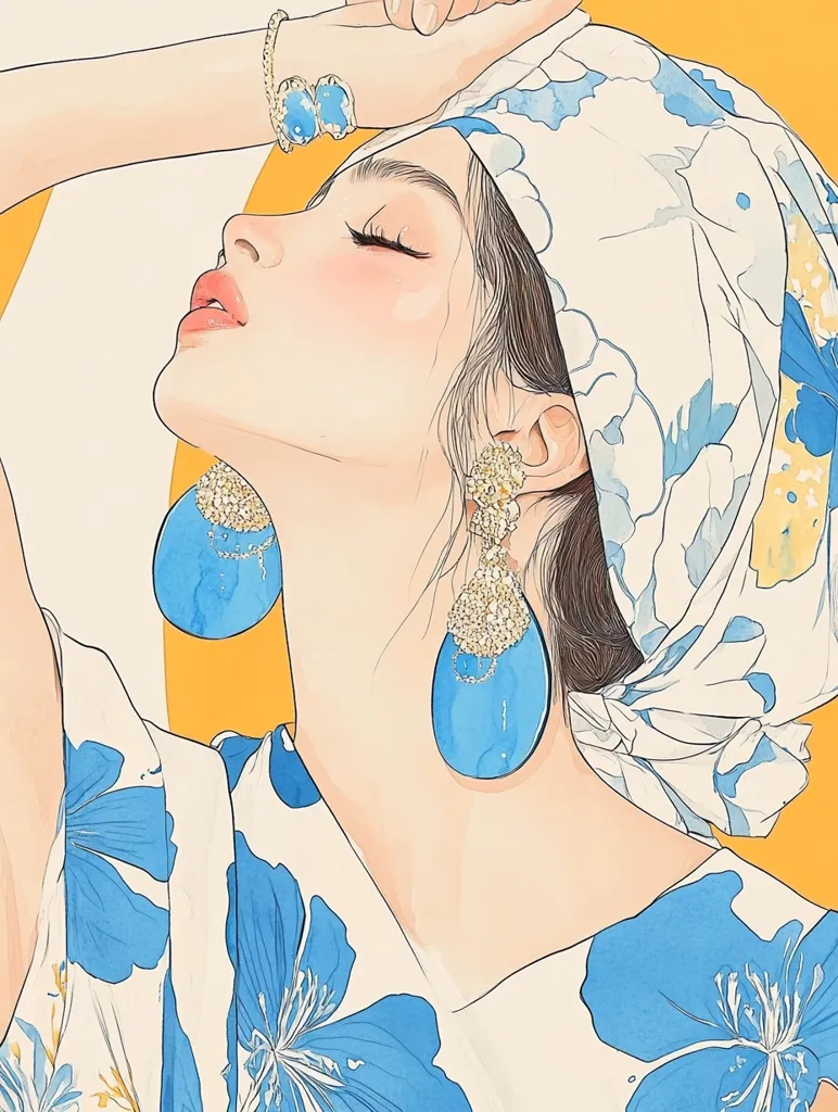 A stylized illustration of a woman with her eyes closed, wearing a floral headscarf and matching dress.  Large, teardrop-shaped blue earrings and a blue bracelet adorn her.  Her pose is serene and suggestive of relaxation, against a warm yellow background. The art style is clean and elegant, with soft lines and delicate coloring.
