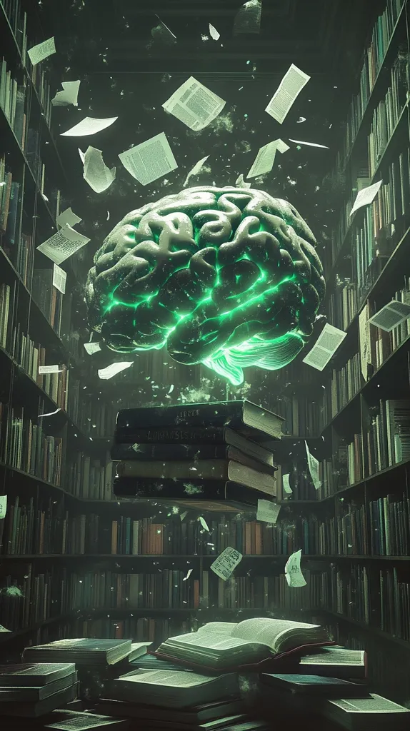 A glowing green brain hovers above a stack of books in a dimly lit library.  Pages flutter around it, suggesting the absorption and processing of knowledge. The scene is surreal and evocative, illustrating the power of the mind to acquire and integrate information from the vast expanse of literature. The overall mood is one of mystery and intellectual pursuit.