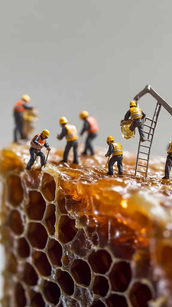 Miniature workers, wearing yellow hard hats and orange vests, are meticulously harvesting honey from a honeycomb.  They use small tools and a miniature crane to collect the golden honey.  The scene is a playful juxtaposition of human labor and the natural world, highlighting the effort involved in honey production. The detailed honeycomb structure is the central focus.