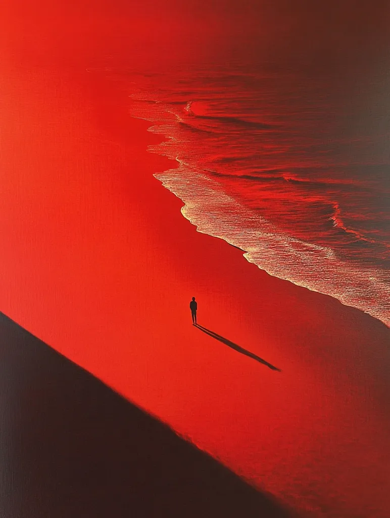 A solitary figure walks along a vibrant red beach, their shadow stretching long across the sand.  Crimson waves gently lap the shore, creating a stark contrast against the intense red hue of the sky and sand. The scene is minimalist, evoking a sense of solitude and the overwhelming power of nature. A dark diagonal cuts across the bottom left, adding depth and mystery to the composition.