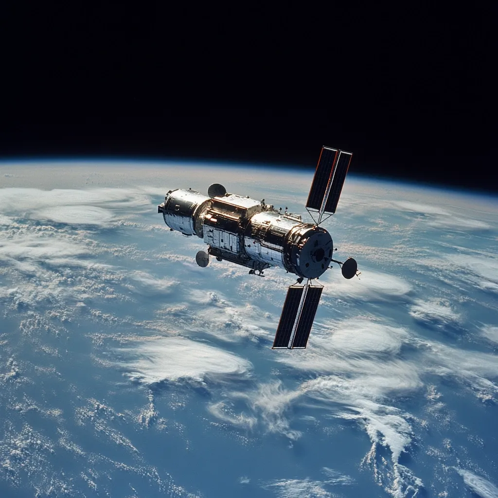 A space station orbits Earth, showcasing its cylindrical core and extended solar panels.  The station floats against a backdrop of swirling clouds and the dark expanse of space. The curve of the Earth is visible, demonstrating the vessel's altitude.  The image highlights the contrast between the man-made technology and the natural beauty of our planet.