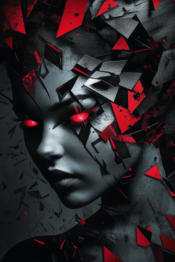 A stylized portrait of a woman's face, rendered in shades of gray and red.  Her face is partially obscured by sharp, fragmented geometric shapes, creating a shattered or fractured effect.  Her eyes glow an intense red, adding to the dramatic and somewhat sinister atmosphere. The overall style is abstract and digital, suggestive of cyberpunk or dystopian themes.