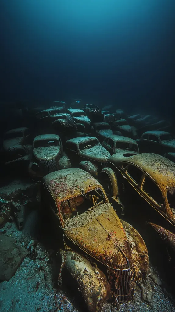 An underwater graveyard of rusty vintage cars lies on the seabed.  The vehicles, encrusted with marine growth, are densely packed together in the dimly lit depths.  A sense of mystery and decay pervades the scene, showcasing the passage of time and the relentless power of the ocean. The image evokes a haunting beauty, a silent testament to a bygone era.