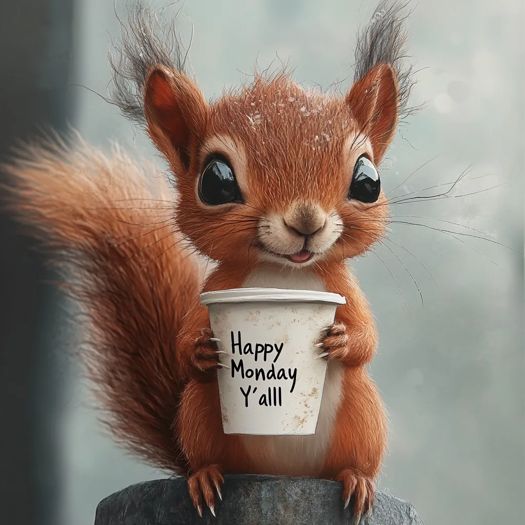 An adorable, cartoonish red squirrel holds a small paper cup.  The cup displays the message "Happy Monday Y'all" in handwritten script. The squirrel's large eyes and fluffy tail add to its charming appearance, creating a heartwarming and cheerful image perfect for a Monday morning greeting.  Snow lightly dusts its fur.