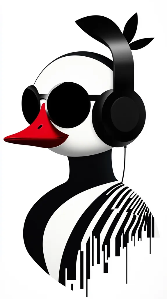 A stylized illustration of a duck wearing headphones and sunglasses. The duck's body is primarily black and white with a red beak.  The headphones are large and black, and the sunglasses are dark.  The duck's form dissolves into a pattern of black and white vertical lines at the bottom. The overall style is bold and graphic.