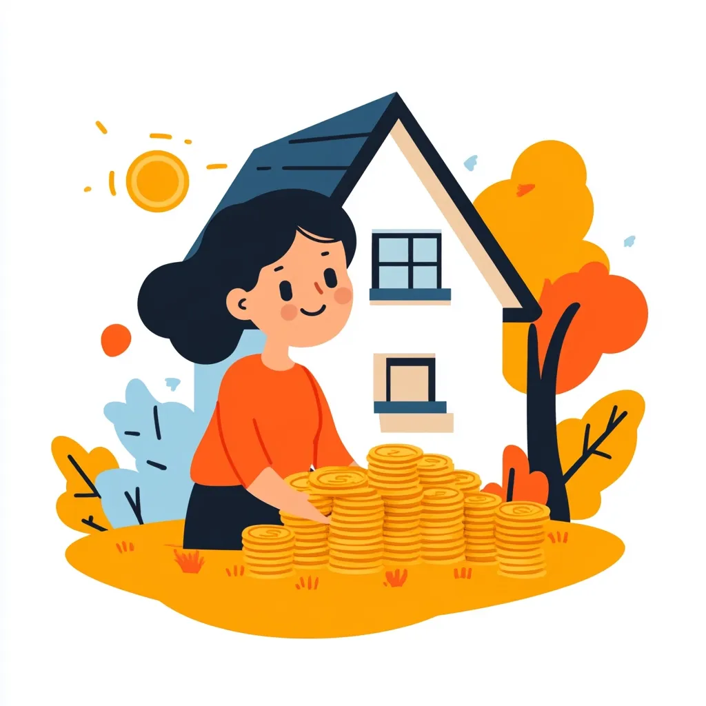 A smiling woman sits amidst a pile of gold coins in front of a house.  She appears to be saving money for a down payment or home purchase.  Autumnal trees and a sun add to the cheerful scene, representing growth and financial prosperity.  The image depicts financial planning and achieving homeownership goals.
