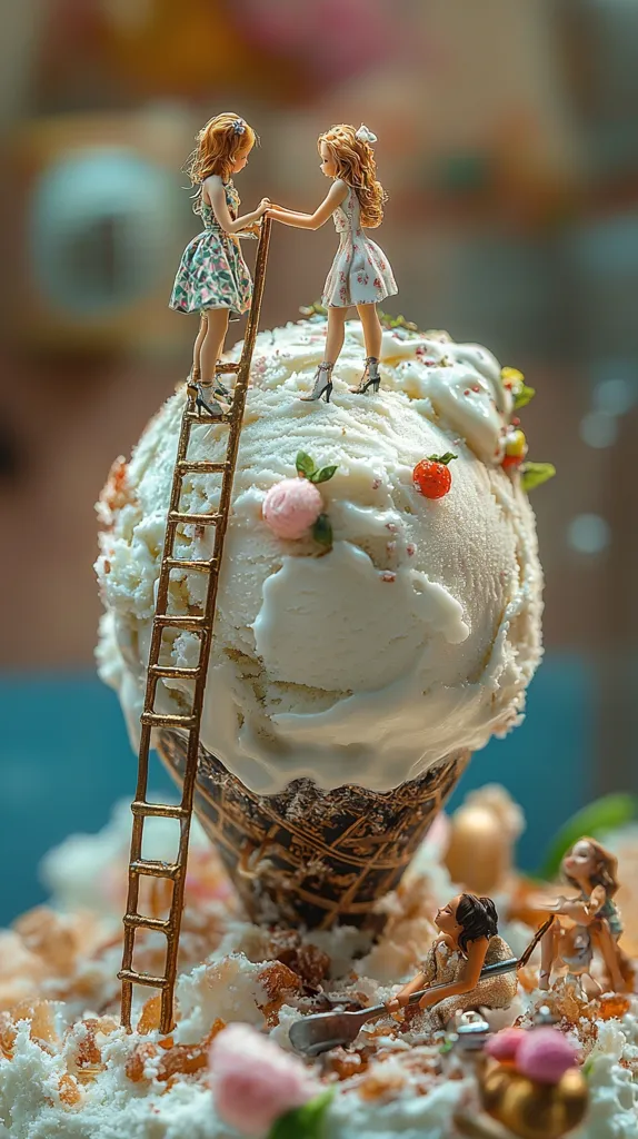 Two miniature girls in floral dresses climb a tiny golden ladder atop a large scoop of vanilla ice cream in a cone.  The ice cream is adorned with sprinkles and candies.  Below, two more miniature figures work with small shovels in a snowy, sugary landscape.  The scene is whimsical and detailed, showcasing miniature artistry.
