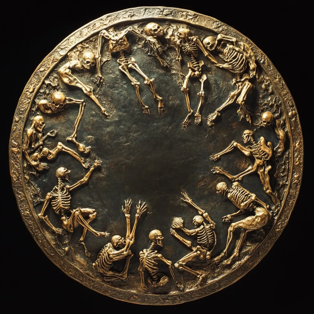 A circular bronze relief depicts a ring of skeletons in various poses.  They appear to be reaching out to each other, creating a sense of connection or a macabre dance. The dark bronze background contrasts with the gold-toned skeletons, creating a dramatic and somewhat unsettling effect. The piece is meticulously detailed, showcasing the artistry of the skeletal forms.
