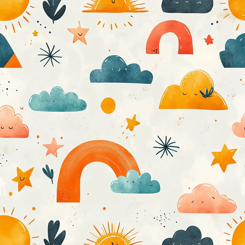 A cheerful, whimsical pattern features smiling suns, clouds, rainbows, and stars on a cream background.  The style is reminiscent of children's illustrations, using muted warm and cool tones.  Simple shapes and hand-drawn elements create a playful, slightly textured design.  The overall effect is bright, optimistic, and charming.