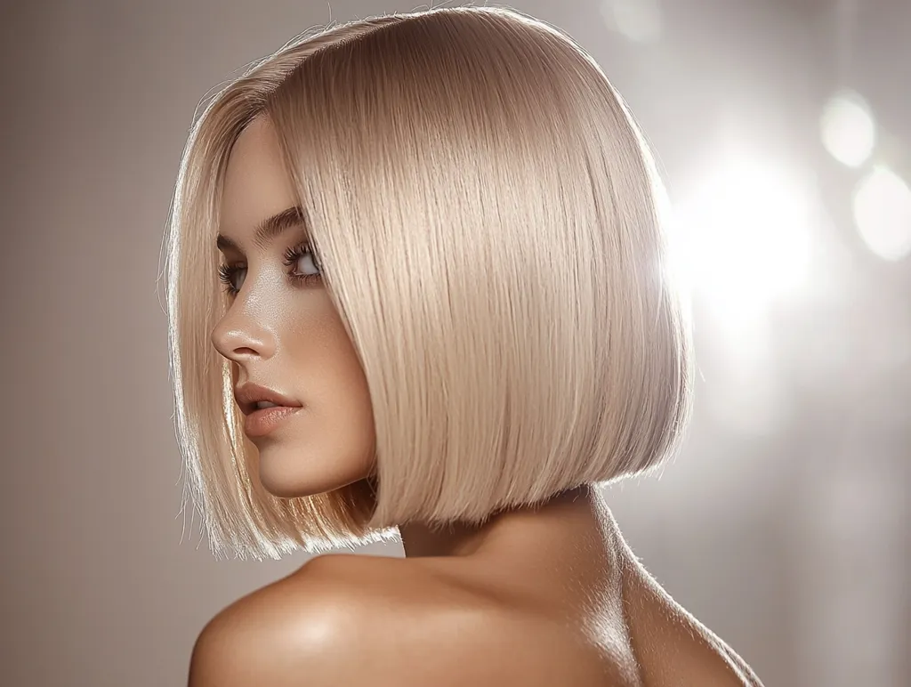 The image shows a woman with a sleek, blunt blonde bob.  Her hair is styled straight and smooth, falling just below her chin.  Her skin is subtly highlighted, and she is viewed in profile, gazing off to her right. The background is softly blurred, emphasizing the model's hair and complexion. The overall aesthetic is minimalist and elegant.
