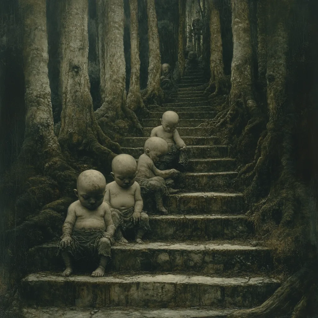 A surreal, dark image depicts a series of babies sitting on mossy stone steps ascending into a shadowy forest.  The babies are pale and appear to be made of stone or clay. The trees are ancient and gnarled, their roots forming a natural barrier around the steps.  A sense of mystery and unease pervades the scene.  The overall mood is somber and unsettling.