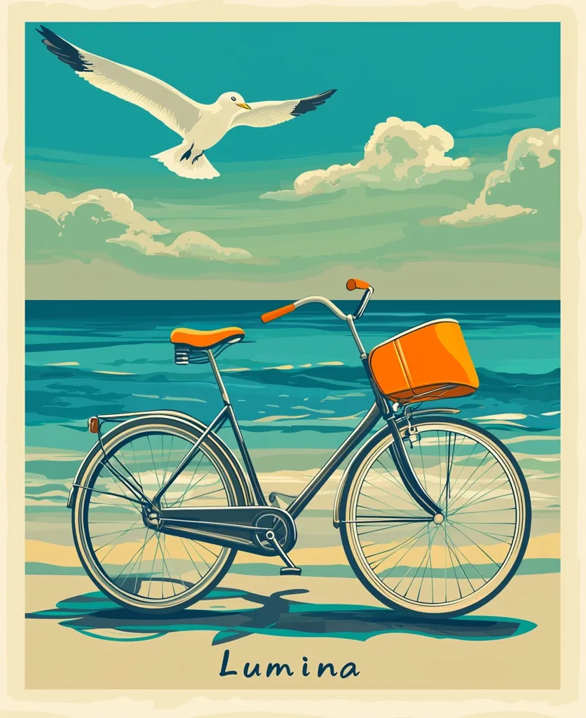A vintage-style travel poster depicts a beach scene. A dark-colored bicycle with an orange basket sits on the sandy shore, next to a calm ocean.  A seagull flies overhead against a light blue sky with fluffy clouds. The word "Lumína" is subtly placed at the bottom, suggesting a location or brand name. The overall aesthetic is nostalgic and evokes a feeling of summer tranquility.