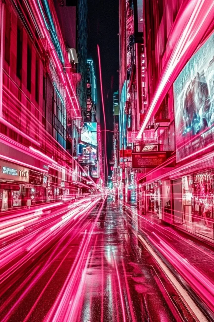 A vibrant, long-exposure photograph captures a city street at night.  Bright pink and blue light trails streak across the frame, depicting the movement of vehicles.  Tall buildings with illuminated signs line the wet, reflective street, creating a dynamic and energetic urban scene. The overall effect is a futuristic, almost surreal atmosphere.