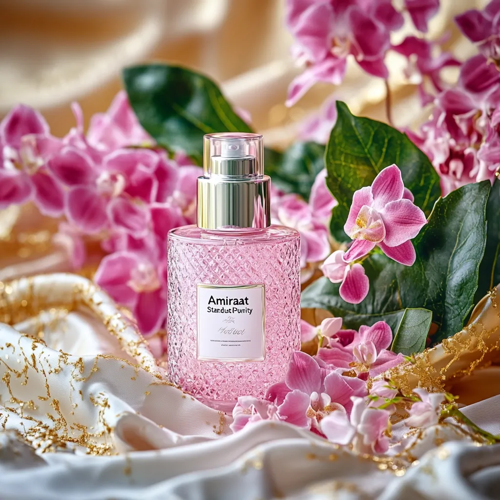 A bottle of Amiraat Stardust Purity perfume rests on a luxurious, cream-colored fabric adorned with gold accents.  Surrounding the bottle are vibrant pink orchids, creating a visually appealing and feminine setting. The perfume bottle itself is a pale pink, with a textured, diamond-patterned glass and a silver spray top.  The label clearly displays the brand name and product description.