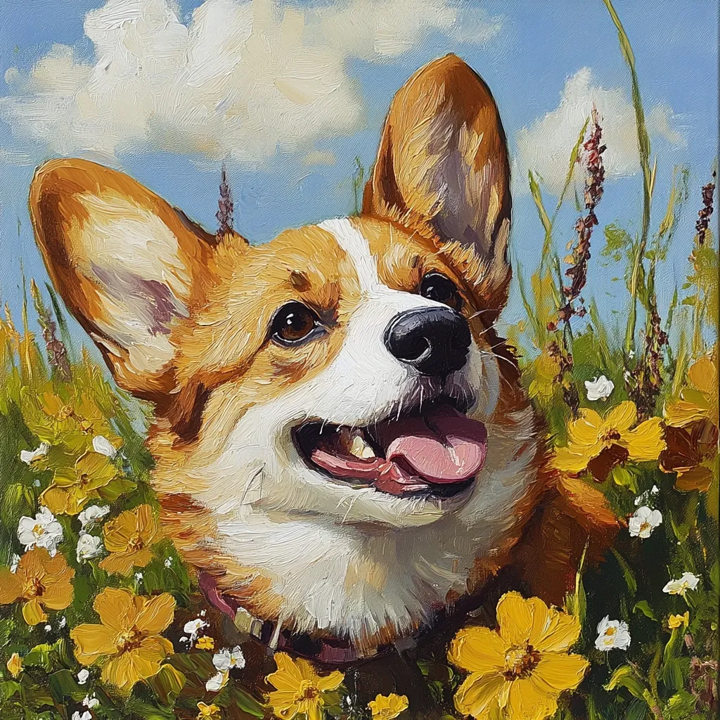 A cheerful Pembroke Welsh Corgi is the focus of this vibrant oil painting.  The dog's expressive face, with its tongue playfully hanging out, is surrounded by a profusion of bright yellow wildflowers and tall grasses under a partly cloudy blue sky. The artist's impasto technique adds texture and depth to the scene, capturing the dog's joyful energy and the beauty of the summer meadow.