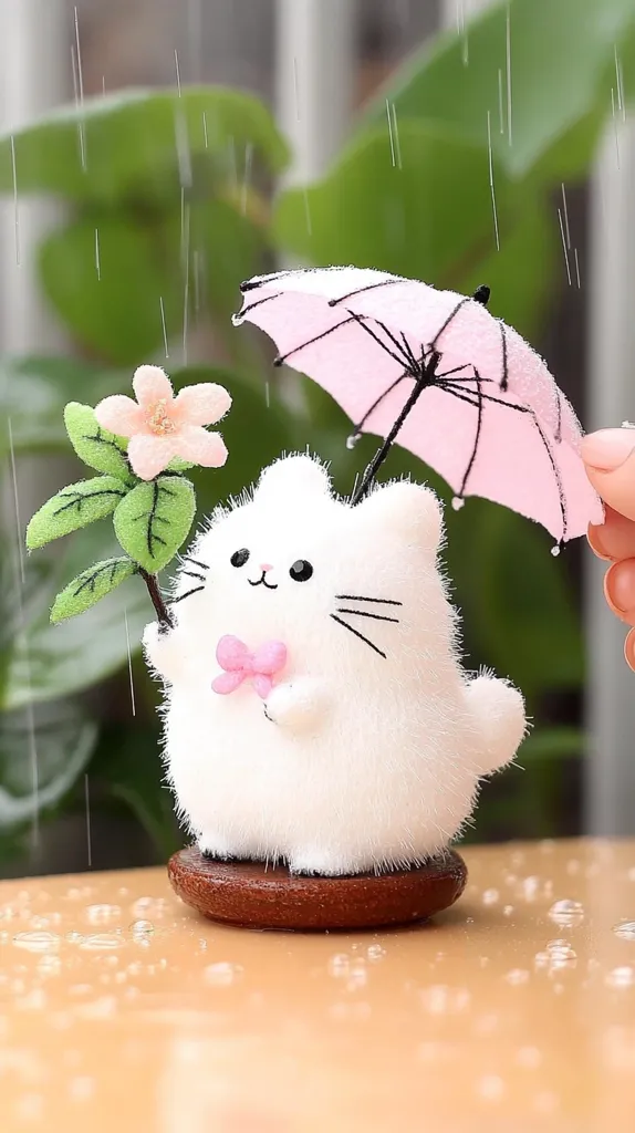 A fluffy white cat figurine holds a pink umbrella and a delicate flower in the rain.  The adorable cat, with a pink bow, stands on a small wooden base.  Rain drops are visible on the surface beneath. The scene is charming and evokes a sense of gentle peace. The backdrop shows blurred greenery, enhancing the overall serene ambiance.