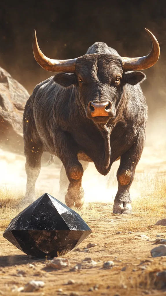 A powerful, dark-colored bull with long, curved horns charges forward across a dusty, arid landscape.  A large, black, multifaceted gem lies in its path, suggesting a confrontation or symbolic power struggle. The bull's muscular build and determined expression convey strength and dominance, creating a dramatic and visually arresting scene.  Dust rises around its hooves as it moves.