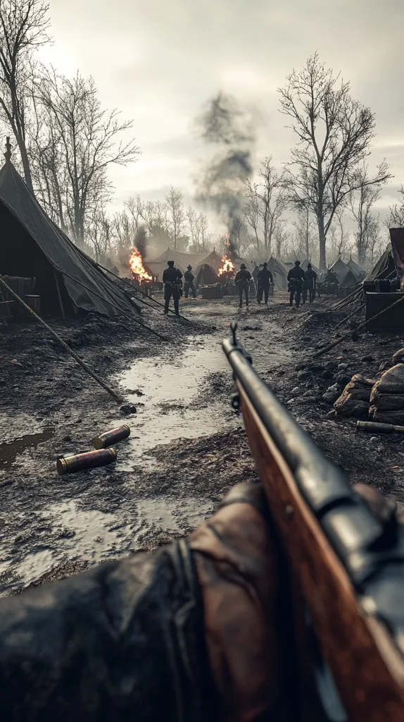 A first-person perspective shows a muddy battlefield, smoke rising from fires between tents.  Soldiers in the distance stand amidst the chaos.  Spent cartridges lie in the mud near the foreground, where a rifle is held, ready for action. The scene is grim and overcast, conveying the harsh reality of war.
