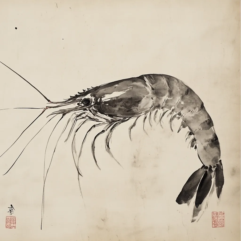 A monochromatic ink painting depicts a large shrimp, rendered in shades of gray and black against an off-white background. The shrimp is shown in profile, its body curving gracefully.  Long, delicate antennae extend from its head, while its tail fans out elegantly. The style suggests a blend of realism and traditional East Asian ink wash painting techniques, emphasizing the creature's form and movement.  The artist's signature and seal are visible in the lower left and right corners.