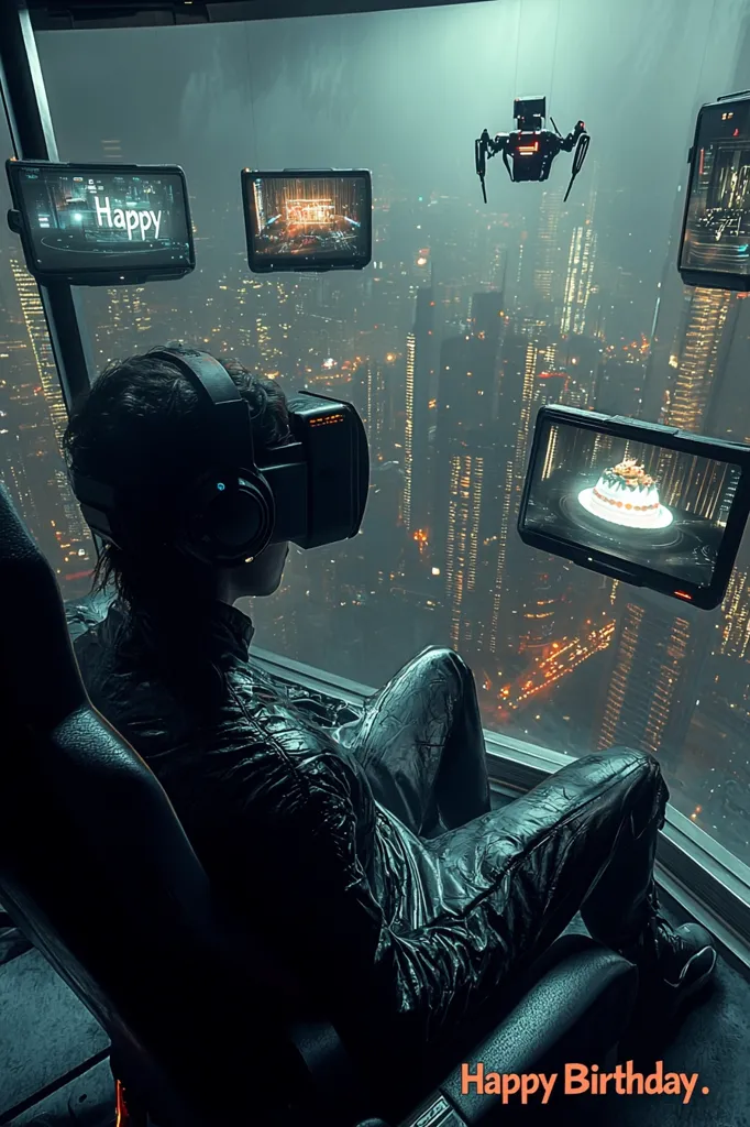 A person wearing a VR headset sits in a chair overlooking a futuristic cityscape at night.  Multiple screens display various images, including a birthday cake and the word "Happy." A small drone hovers in the air. The overall scene is dark and atmospheric, conveying a technologically advanced, possibly cyberpunk, aesthetic. "Happy Birthday" is inscribed at the bottom.