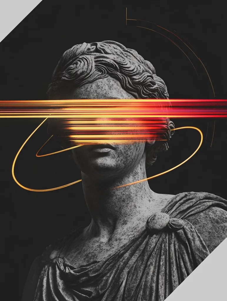 A grayscale bust of a classical statue is dramatically overlaid with streaks of vibrant red and orange light.  The light obscures the statue's eyes, creating a sense of mystery and movement.  A golden arc encircles the neck, adding a surreal and artistic element to the otherwise somber image. The contrast between the ancient sculpture and modern digital effects is striking.
