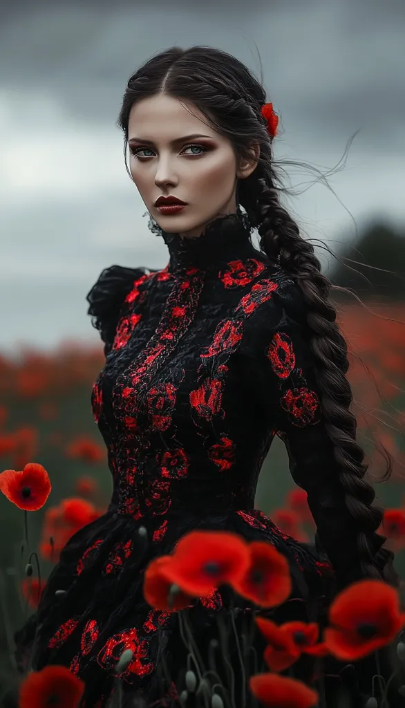 A striking portrait of a young woman with dark hair styled in a braid adorned with a red poppy. She wears a black dress embroidered with red floral patterns, standing amidst a field of vibrant red poppies.  The moody lighting and dark tones create a dramatic and ethereal atmosphere. Her intense gaze and elegant attire enhance the image's captivating beauty.