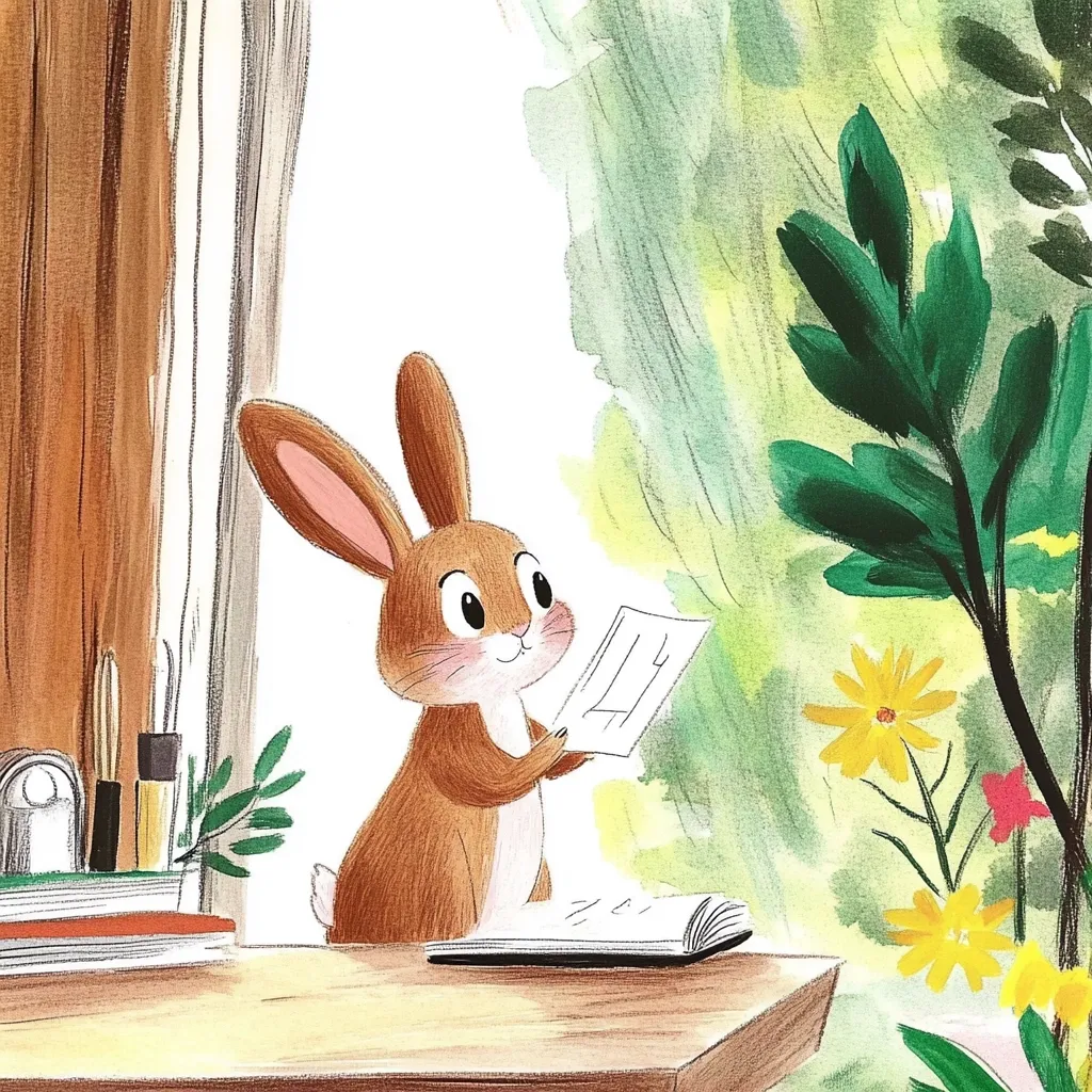 A charming illustration depicts a brown rabbit sitting at a wooden desk near a window.  The rabbit holds a piece of paper, appearing to read or write.  A notebook rests on the desk, alongside art supplies.  Sunlight streams in from a leafy green window, creating a peaceful, whimsical scene. Yellow wildflowers add to the idyllic setting.