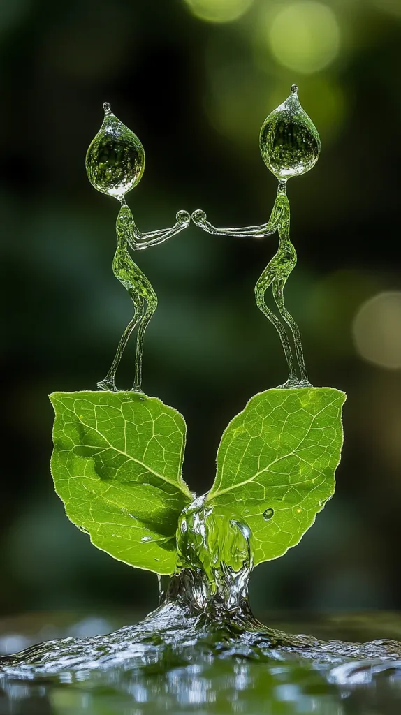 Two miniature figures, formed from water droplets, stand poised on a vibrant green leaf.  Their bodies are translucent, showcasing the water's texture. They appear to be interacting, hands gently touching. The leaf sits atop a splash of water, creating a whimsical, nature-inspired scene.  The background is softly blurred, focusing attention on the delicate figures and the leaf.