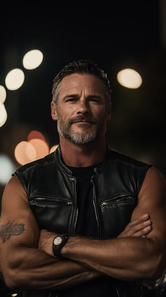 A muscular man with salt-and-pepper hair and a goatee stands with his arms crossed, wearing a black leather vest. He has a tattoo on his left bicep and a watch on his left wrist.  The background is blurred, showing out-of-focus city lights at night.  His expression is serious and intense.