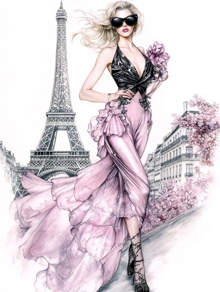 A fashion illustration depicts a stylish woman in a flowing, pale pink gown with a black bodice.  She wears sunglasses and black lace ankle boots.  The Eiffel Tower and Parisian buildings form a romantic backdrop, accented with blossoming trees, creating a sophisticated and elegant scene.  The watercolor style adds a soft, dreamy quality to the image.