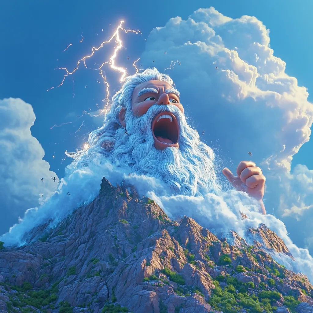 A colossal, stylized depiction of a god-like figure emerges from a mountain peak, his mouth wide open in a powerful roar.  Lightning crackles above him as clouds swirl around his immense, flowing white beard.  His fist is raised in a gesture of strength or defiance.  Small figures, possibly birds or other creatures, are scattered in the sky.  The scene is dramatic and fantastical, suggesting divine power and a moment of intense energy.