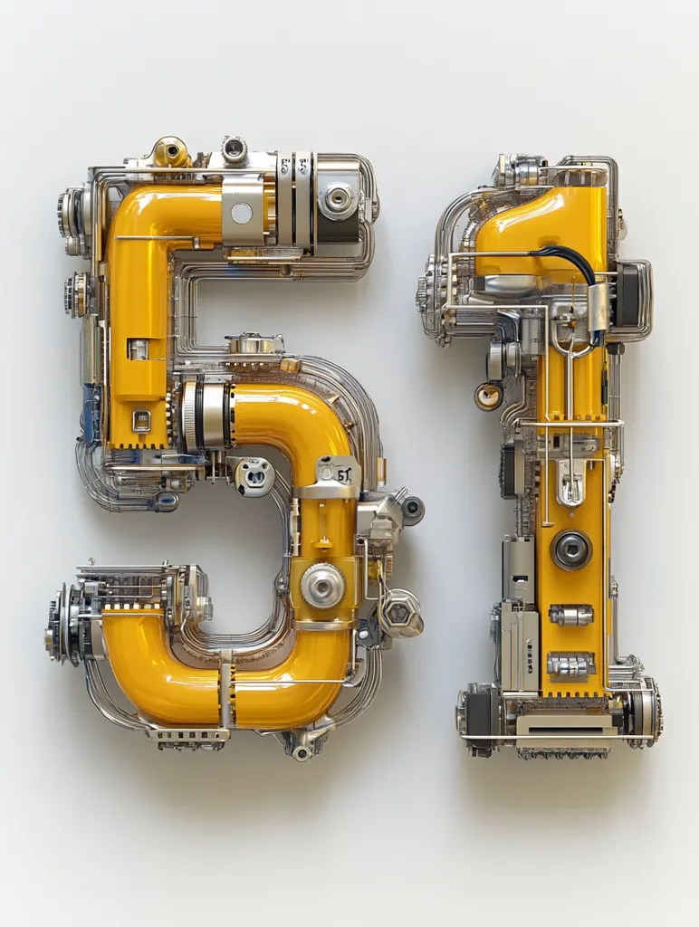 The numbers 51 are depicted as intricate, transparent mechanical devices.  Yellow pipes and tubes form the main structure of the digits, interwoven with a network of gears, bolts, and other metallic components. The design suggests a complex internal mechanism, visible through the transparent casing, giving the impression of a futuristic or robotic construction. The overall style is highly detailed and visually striking.