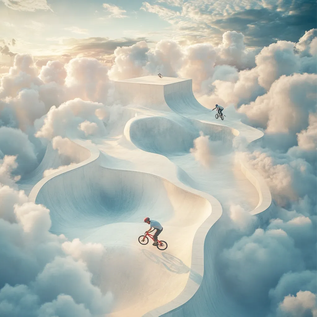 A surreal image depicts a skate park built amongst fluffy clouds.  Three BMX riders navigate the smooth, white concrete ramps and bowls.  The setting sun casts a warm glow on the scene, creating a dreamy, almost ethereal atmosphere.  The park's design is fluid and organic, seamlessly integrating with the cloudy landscape. The overall effect is one of peaceful adventure in a fantastical realm.