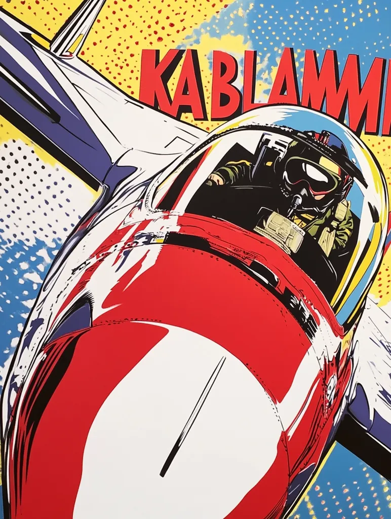 A vibrant, comic-book style illustration depicts a fighter jet in flight. The jet is predominantly red and white, with bold black outlines.  The pilot is visible within the cockpit, wearing a helmet and flight suit.  The word "KABLAMM!" is prominently displayed in red, suggesting an explosion or impact. The background features a dynamic mix of yellow, blue, and white dots, enhancing the energetic and action-packed feel of the artwork.