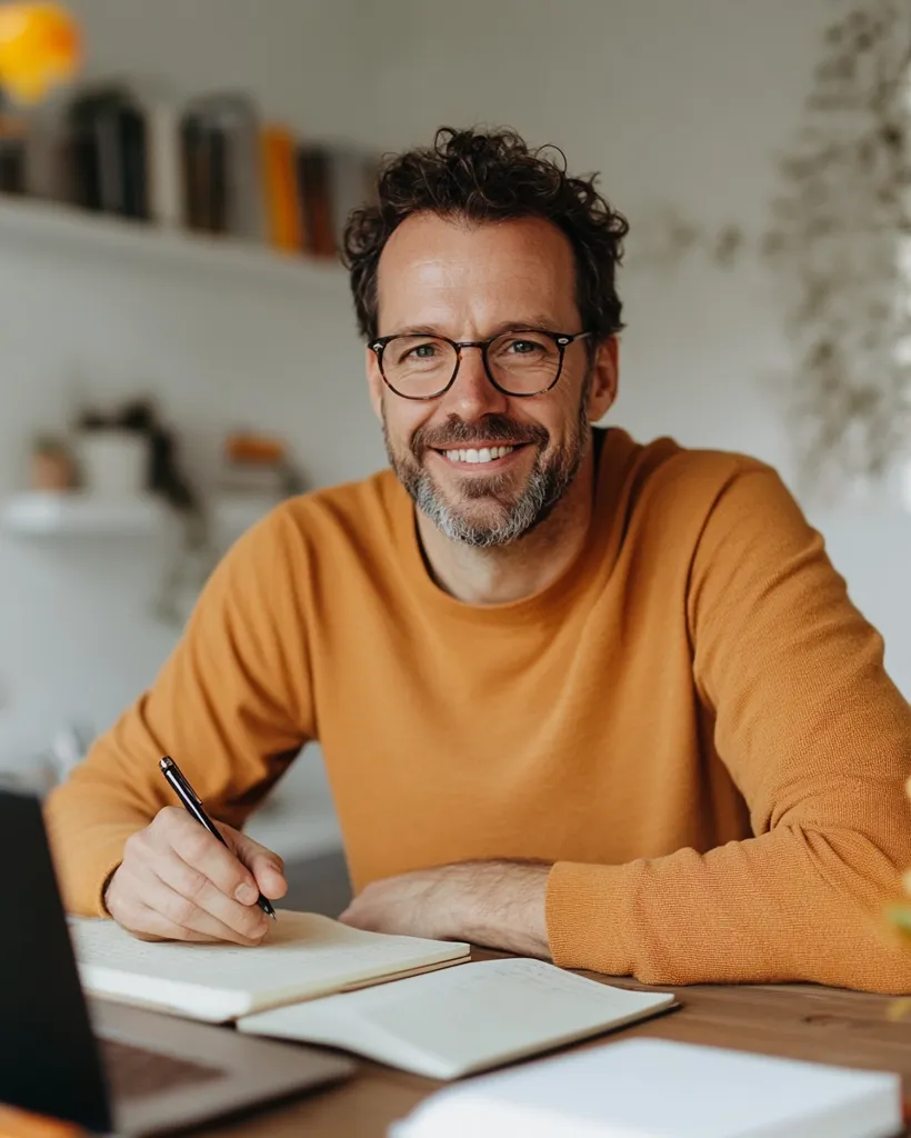 A middle-aged man with curly brown hair and glasses smiles warmly at the camera. He's wearing a mustard-yellow sweater and is seated at a wooden desk, writing in a notebook. A laptop is partially visible in the foreground. The background is blurred but shows a shelf with books and a light, airy room.  He exudes a friendly and approachable demeanor.