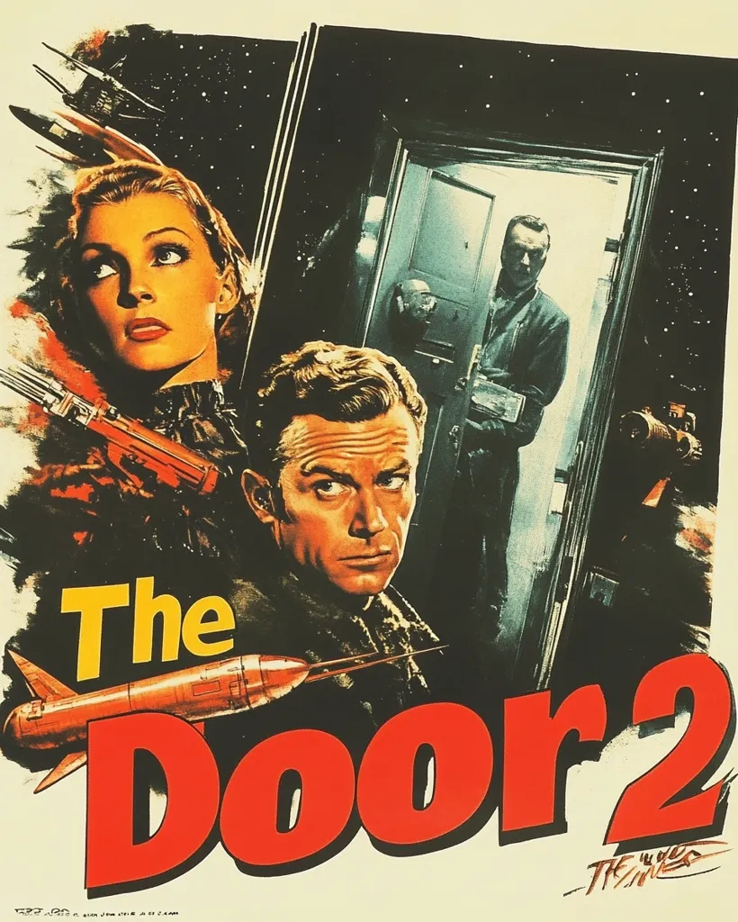 A vintage movie poster for "The Door 2" features a striking illustration. A woman with dark hair gazes intently, holding a futuristic weapon.  Beside her, a man with a serious expression is partially obscured.  In the background, a man stands in a doorway, creating a sense of mystery.  The title "The Door 2" is prominently displayed in bold, red lettering, with a rocket ship adding to the science fiction theme. The poster's overall style is dramatic and evocative of 1950s science fiction films.
