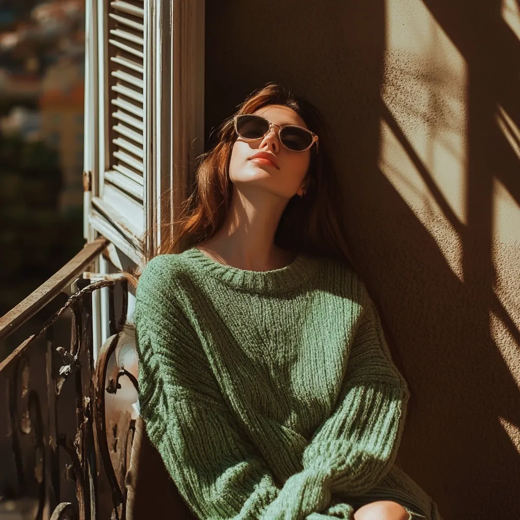 A young woman with long brown hair relaxes on a sun-drenched balcony.  She wears oversized, sage green knit sweater and sunglasses, her head tilted back, enjoying the warmth. The setting is evocative of a European city, with an old, white shuttered window and ornate balcony railing visible.  Shadows cast by the building's architecture add depth to the image.