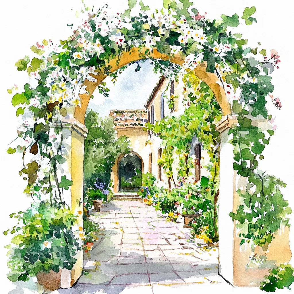 A watercolor painting depicts a sun-drenched courtyard scene.  A stone archway, overflowing with white flowering vines, frames a pathway leading to a charming, pale yellow building. Lush greenery and potted plants line the path, creating a tranquil and idyllic Mediterranean atmosphere.  The style is loose and impressionistic, capturing the essence of a peaceful, floral setting.