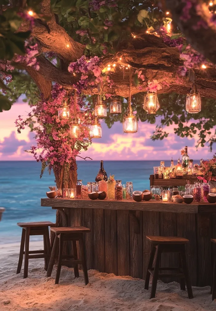 A rustic beach bar, nestled under a tree draped with fairy lights and pink flowers, offers a magical ambiance.  Mason jar lights illuminate the scene, casting a warm glow on the wooden bar stocked with drinks.  Stools sit on the sand before a tranquil ocean backdrop, creating a romantic and idyllic setting at sunset.  Coconuts add a tropical touch.