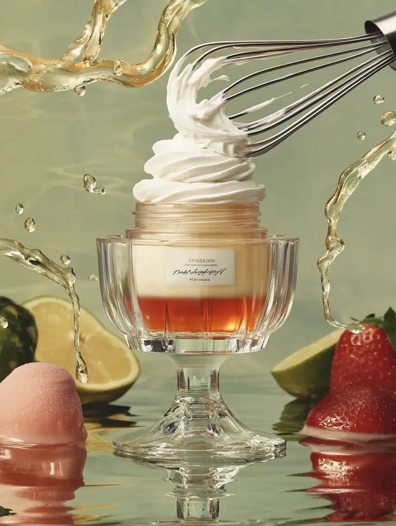 A glass dessert cup holds a layered dessert with whipped cream topping.  A whisk is shown incorporating the cream. The cup sits on a reflective surface amongst sliced limes, strawberries, and a pink sorbet.  The scene is styled with splashes of a golden liquid, creating a luxurious and visually appealing image.  The overall aesthetic is elegant and suggestive of a high-end dessert or cosmetic product.