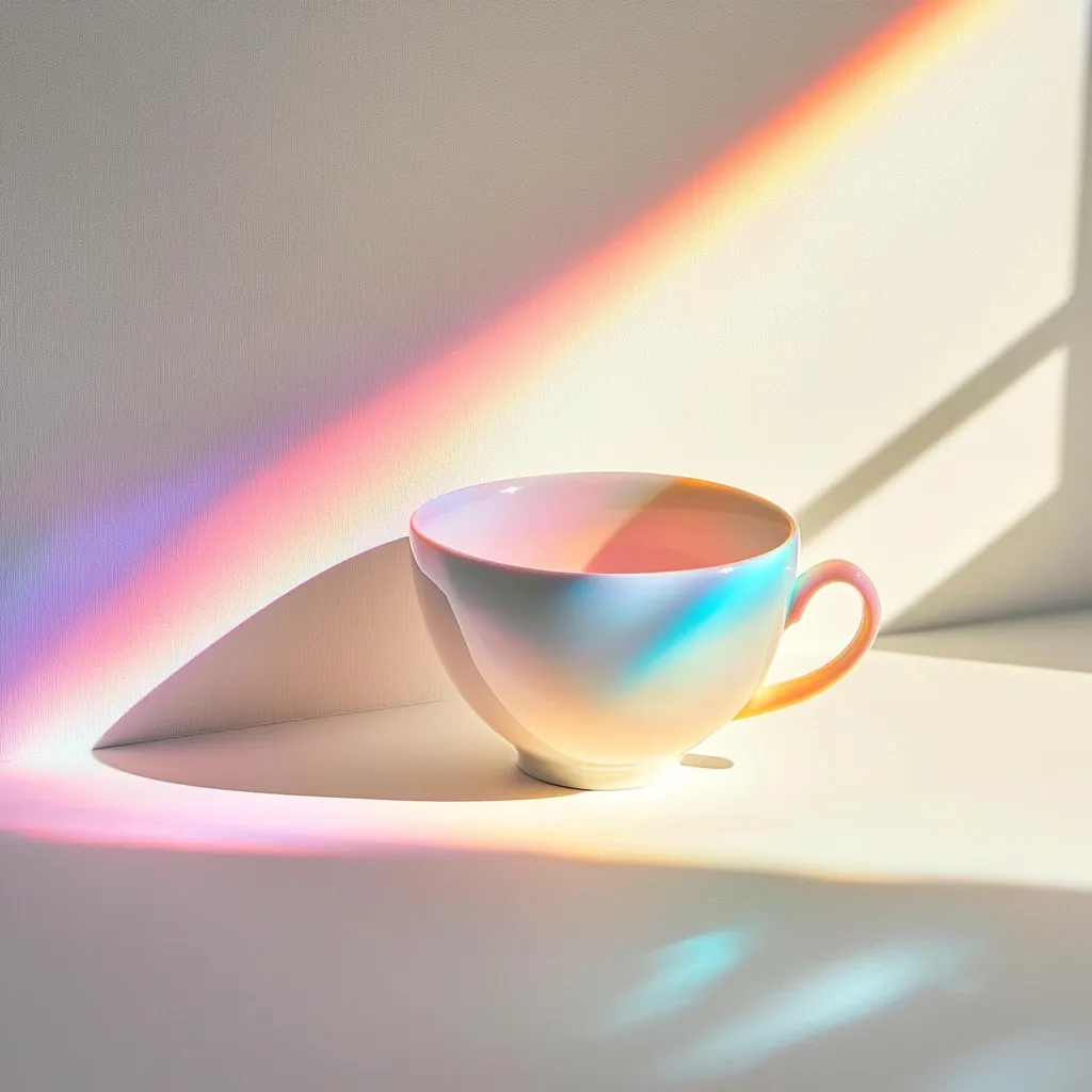 A white teacup sits on a white surface, bathed in the iridescent glow of a rainbow projected from a nearby window.  The light casts a vibrant, colorful spectrum across the scene, creating a dreamy, ethereal atmosphere.  The simplicity of the cup contrasts beautifully with the magical, prismatic light, making for a captivating image.