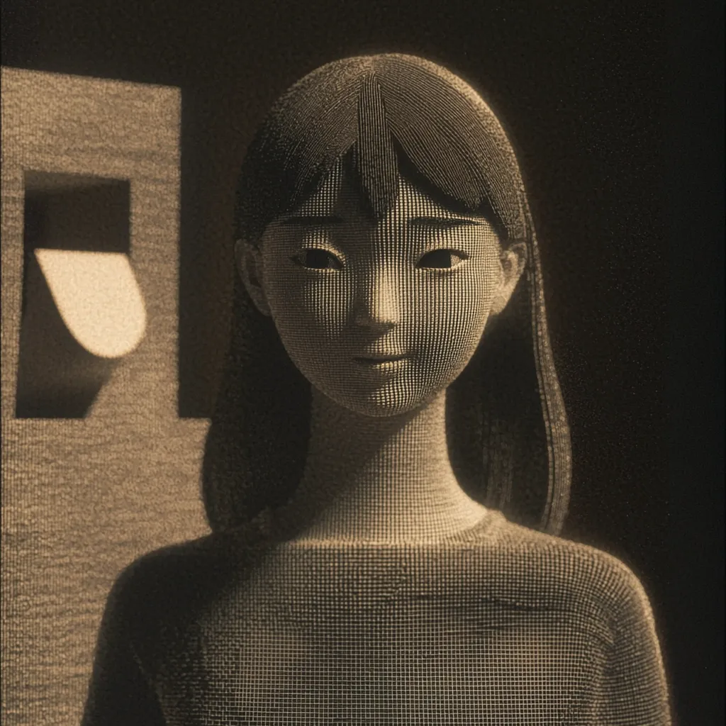 A stylized 3D rendering depicts a young woman with dark hair, her face and body composed of a grid-like pattern of tiny squares.  She has a serene expression, and the overall tone is sepia, creating a vintage or nostalgic feel.  A simple geometric shape casts a shadow behind her, adding depth to the image. The style evokes a sense of quiet contemplation.