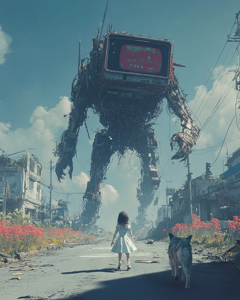 A giant, dilapidated robot, its head a vintage television screen displaying cryptic text, looms over a desolate cityscape. A young girl in a white dress walks towards it, accompanied by a wolf-like dog.  The scene is post-apocalyptic, with ruined buildings and flowering plants struggling amidst the rubble.  The mood is a blend of ominous and melancholic.