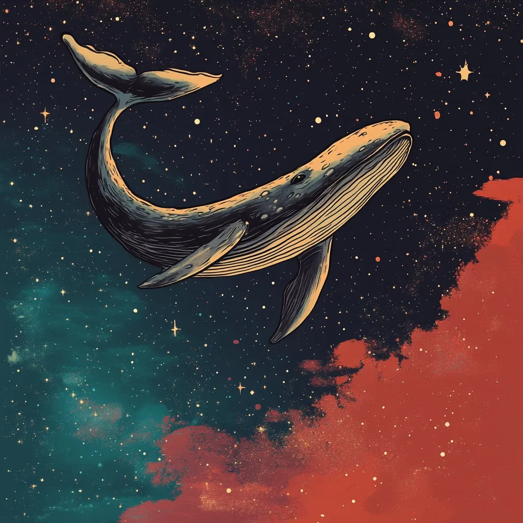 A stylized illustration depicts a whale gracefully swimming through a cosmic expanse.  The whale, rendered in dark tones with intricate linework, is positioned against a backdrop of deep teal and dark-red nebulae speckled with glittering stars. The scene evokes a surreal and dreamy atmosphere, blending the familiar form of a whale with the vastness of space. The overall style is reminiscent of vintage illustration or poster art.