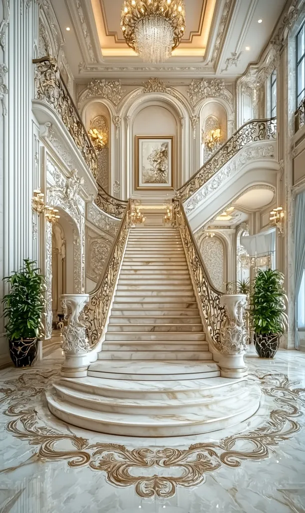 A grand, opulent staircase dominates this image.  Marble steps ascend under a magnificent chandelier, framed by elaborate, ornate gold railings and walls.  Intricate carvings and detailing adorn every surface.  The floor is equally lavish, featuring a detailed inlaid design.  Two potted plants flank the base of the staircase, adding a touch of greenery to the luxurious setting.  The overall aesthetic is one of extreme wealth and refined taste.